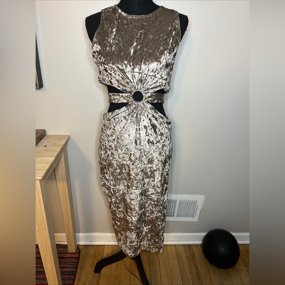 Luna Chix Crushed Velvet Champagne Keyhole MIDI Dress Size XL NWT